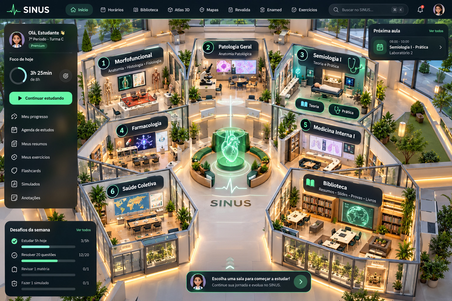 Campus SINUS com salas de estudo ao redor de um coração holográfico